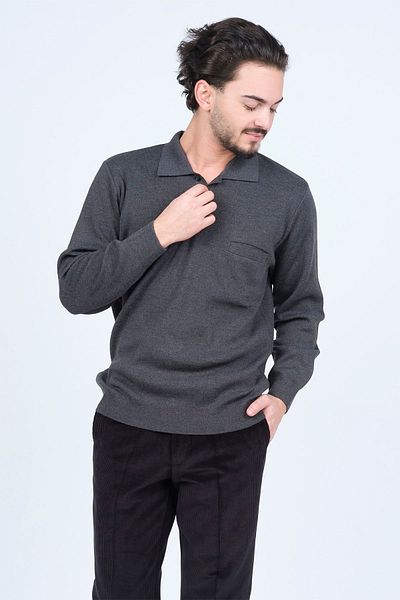 Ateş Triko Men's Polo Collar Pocket Detailed Wool Sweater 6091023 Dark Gray