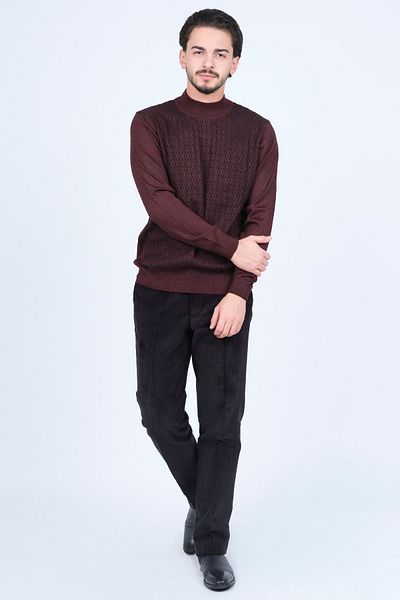 Ateş Triko Men's Half Fisherman Patterned Wool Sweater 6092254 Claret Red