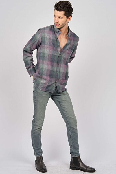 De Leone Ανδρικό ριγέ μακρυμάνικο μάλλινο πουκάμισο Apre 0171100 Plum