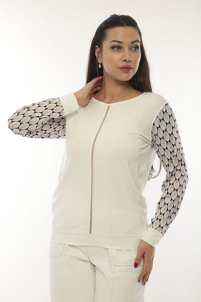 Sistas Women's Crew Neck Patterned Long Sleeve Blouse 3314 Ecru
