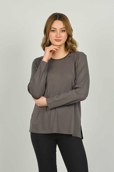 Detay Triko Women's Crew Neck Decoration Detailed Long Sleeve Blouse 4530 Gray