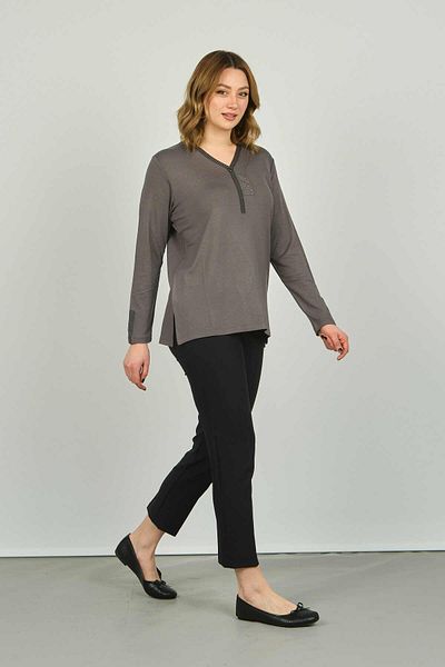 Detay Triko Women's Long Sleeve Blouse with Embroidered Sleeves and Collar 0507 Gray