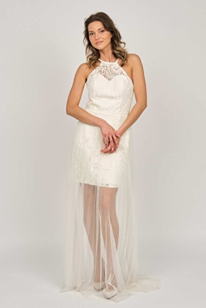 DORİDORCA Women's Halter Neck Evening Dress 5928098 Bone