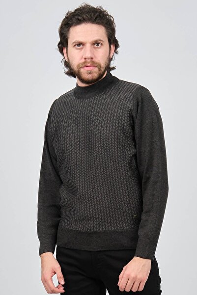 Çizgi Triko Чоловічий напіврибальський светр з лінійним візерунком 42564234 Темно-сірий