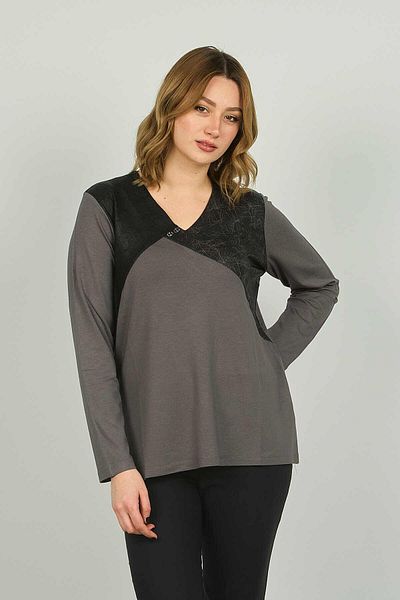 Detay Triko Women's V-Neck Faux Leather Detailed Long Sleeve Blouse 4549 Gray