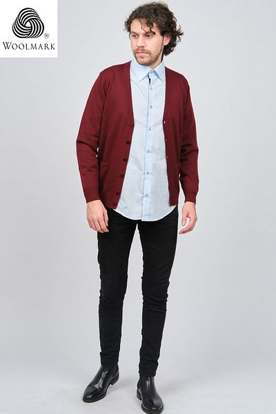 Desen Triko Cardigan din lână pură cu nasturi pentru bărbați 0249505 Roșu Claret