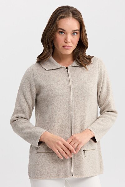 Desen Triko كارديجان صوف بسحاب وجيب بياقة بولو للسيدات 0242128 بيج