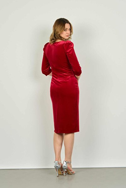 Dans Women's Double Breasted Collar Draped Button Detailed Velvet Evening Dress 1363 Red