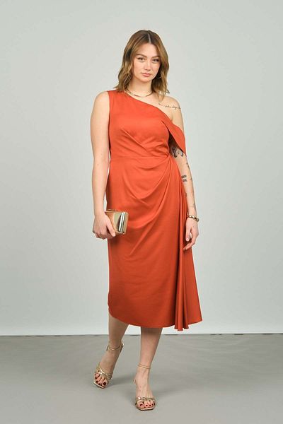 ESCOLL Women's One Shoulder Sleeve Band Detailed Sweep Train Evening Dress 1896 Cinnamon
