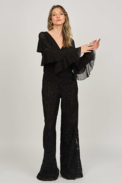 DORİDORCA Women's Sequined Ruffle Detailed Evening Dress Jumpsuit 5921011 Black