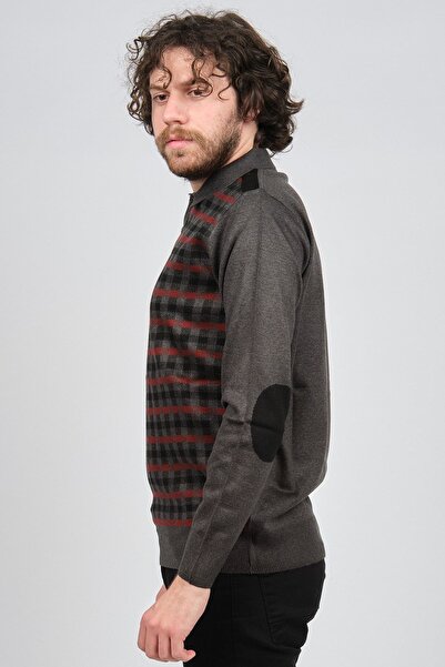 Pelikan Men's Striped Elbow Detailed Polo Neck Sweater 1577409 Anthracite