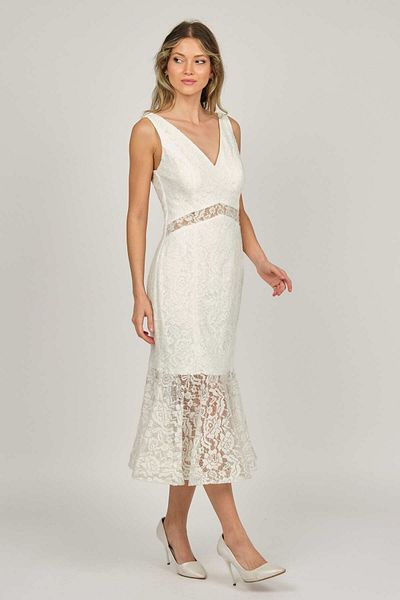 DORİDORCA Women's Lace Detailed Midi Length Evening Dress 5921033 Bone