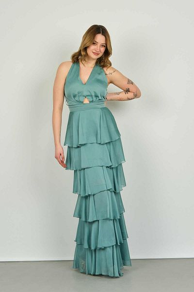 DORİDORCA Doridorca Women's Halter Floor Detailed Long Evening Dress 3039 Lemon Mold