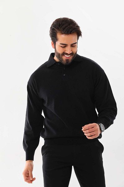 Ersin Triko Pulover de lână cu gât polo pentru bărbați 4135 negru