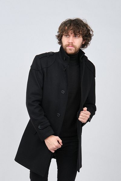 LUCAS Ανδρικό Αθλητικό Μαλλί παλτό Epaulette Μαύρο Stand-up γιακά 2650422