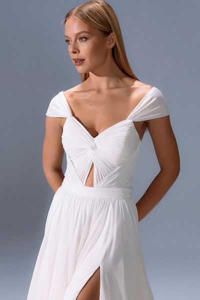 ŞEREF VURAL Women's Butterfly Sleeve Chiffon Long Evening Dress 8040 Bone