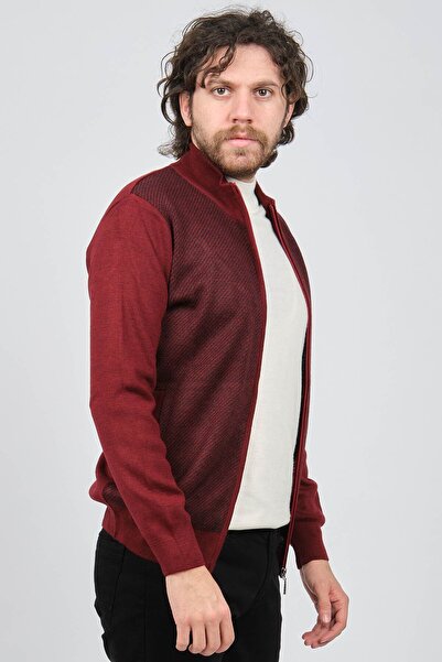 Ateş Triko سترة صوفية منقوشة بسحاب للرجال 6091421 أحمر كلاريت