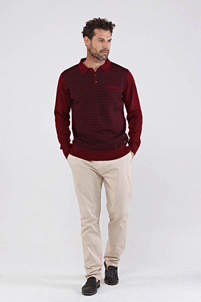 Çizgi Triko Claret Red Ανδρικό πλεκτό πουλόβερ με γιακά πόλο - 4605f Steel Knit