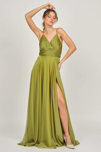 ŞEREF VURAL Women's Deep Slit Long Evening Dress 5437824 Green