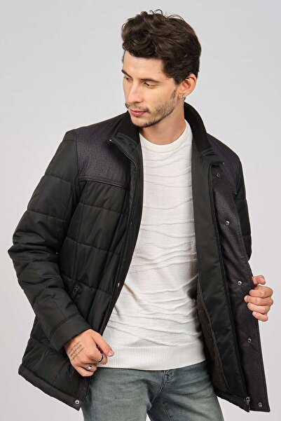 daynax Erkek İçi Kürklü Deri Biyeli Kapitone Kaban 4924000 Siyah