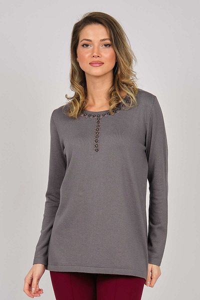 Desen Triko Pulover de damă cu broderie cu guler 0249282 afumat