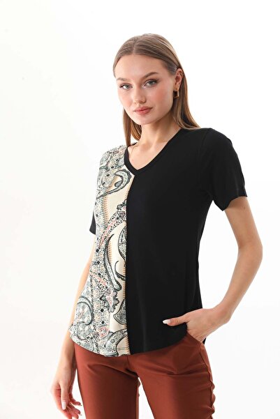 Sistas Ženska bluza sa V-izrezom, pola Sa deznom, kratkih rukava, 23181, crna