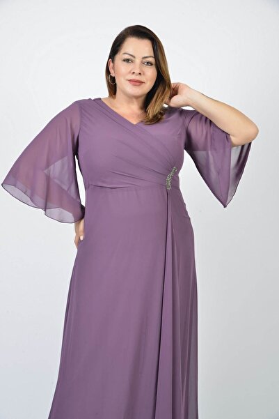 LİLAS XXL Women's Large Size Chiffon Long Evening Dress 5489407 Lavender