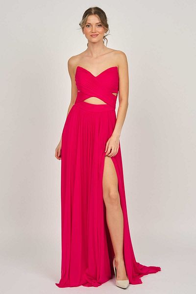 ŞEREF VURAL Women's Strapless Deep Slit Evening Dress 5437959 Red