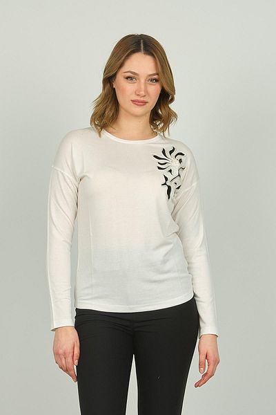 Sistas Women's Patterned Crew Neck Long Sleeve Blouse 3629 Ecru