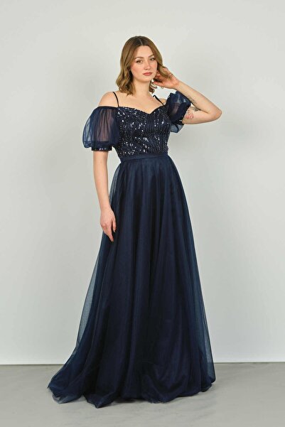 Saygın Women's Balloon Sleeve Strap Sequined Tulle Long Evening Dress 3488 Navy Blue