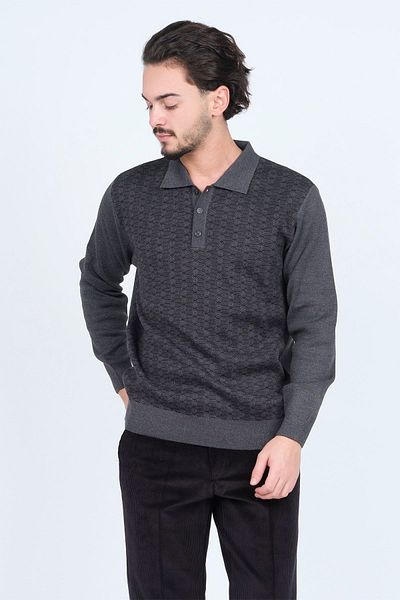 Ateş Triko Men's Polo Neck Patterned Wool Sweater 6092073 Dark Gray