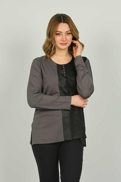 Detay Triko Women's Faux Leather Detailed and Patterned Long Sleeve Blouse 4553 Gray