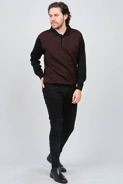 Woolen World Мъжки черен вълнен пуловер с поло яка и шарки 5596581