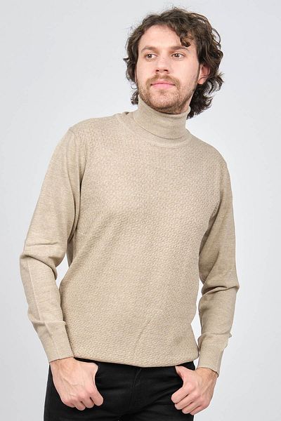 Ateş Triko Men's Turtleneck Patterned Wool Sweater 6091598 Beige