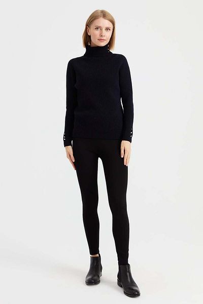 Desen Triko Women's Full Turtleneck Buttoned Sleeve Wool Sweater 23159 Dark Navy Blue