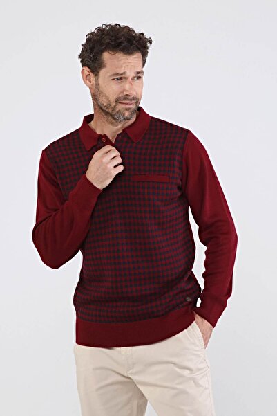 Çizgi Triko Claret Red Men's Polo Collar Knitwear Sweater - 4605f Steel Knit