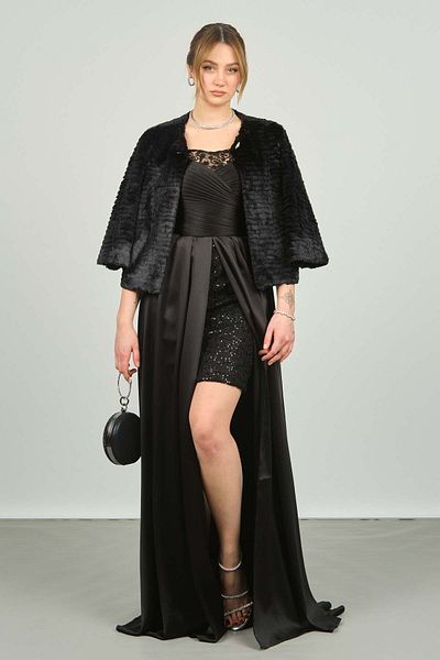 ESCOLL Women's Satin Evening Dress with Mini Skirt Inside 1765 Black