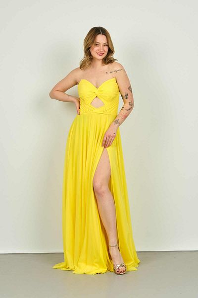 ŞEREF VURAL Women's Strapless Window Detailed Deep Slit Tulle Evening Dress 8236 Yellow
