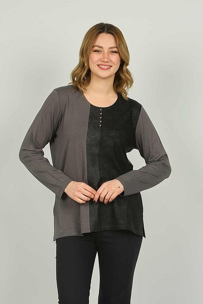 Detay Triko Women's Faux Leather Detailed and Patterned Long Sleeve Blouse 4553 Gray