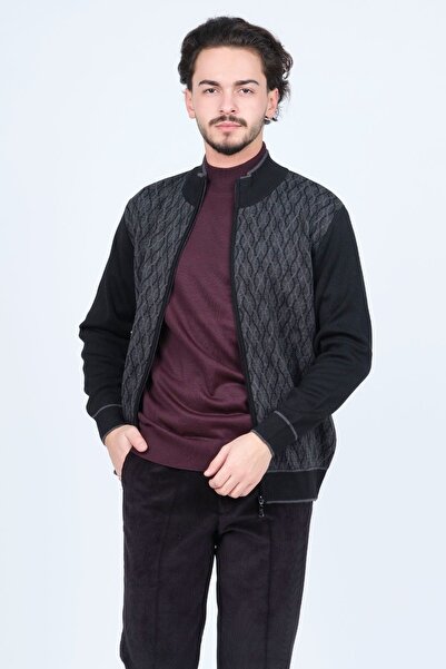 Ateş Triko Men's Patterned Wool Cardigan 6092541 Black