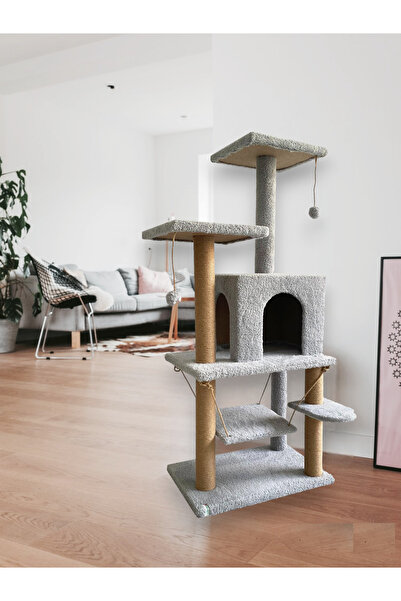Nursoft Salıncaklı Lüx Kedi Tırmalama Kedi Oyun Evi-Gri
