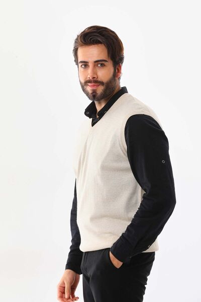 Günay Men's V-Neck Wool Sweater 1000 O. Beige