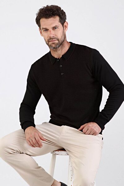 Çizgi Triko Men's Polo Neck Cotton Knitwear Sweater 4661f Black