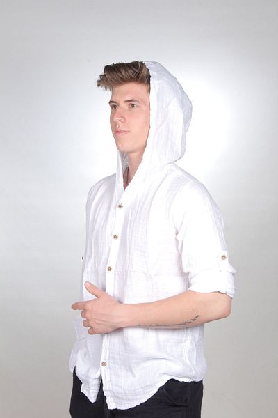bomull textıle Men's Shirt - Muslin Hooded, Long Sleeve