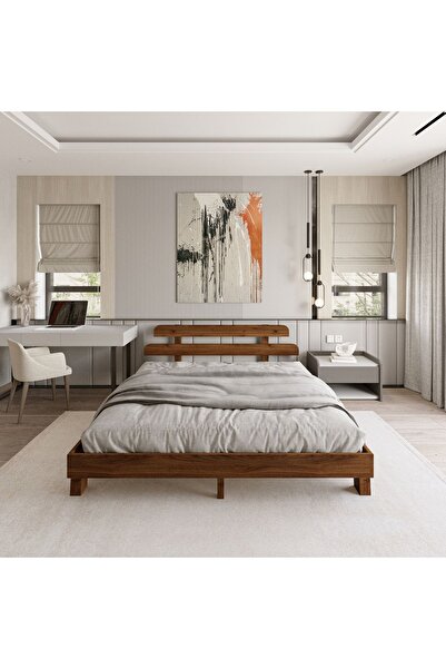 RENAZZO Lotus New Frezya Model Ceviz Renk Masif Çam Ahşap Karyola