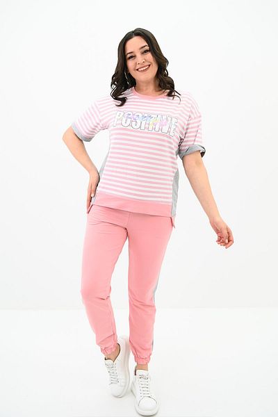 Koza Butik Γυναικείο Σετ Φούτερ με ρίγες Plus Size 8106-24