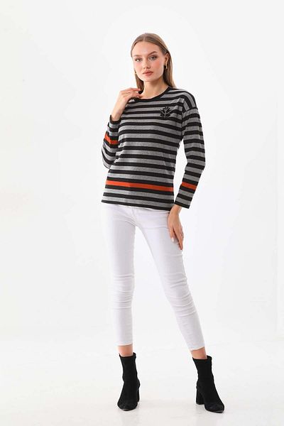 Sistas Women's Striped Embroidery Detailed Long Sleeve Blouse 23615 Gray