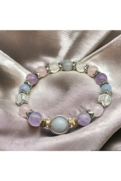 Gift Selections Angelit, Ametist, Pembe Kuvars, Kristal Kuvars Doğaltaş Bileklik, Doğal Taş Işıltı Ve Şifa