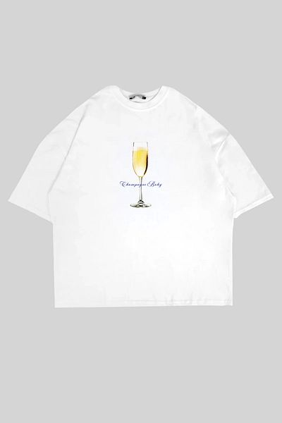 Bak Moda Λευκό Oversize Unisex T-Shirt - Champagne Baby Printed