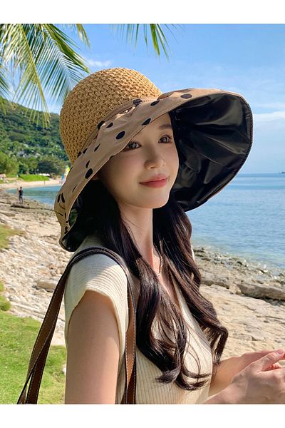 Shopiolog Wide Brim Polka Dot Visor Hat - UV Protection, Vacation and Pool Sea Travel Beach Hat